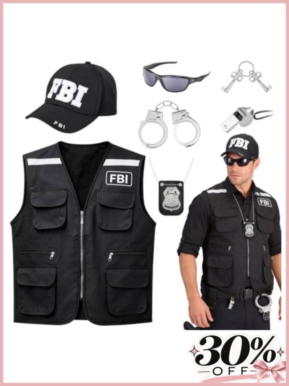 FBI Agent Costume Set 6-Piece Halloween Secret Service Roleplay Polyester